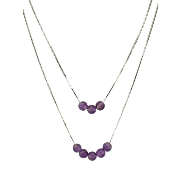 2-Strand Amethyst Stone Beads Sterling Silver Box Chain Necklace, 20" 2" Extender