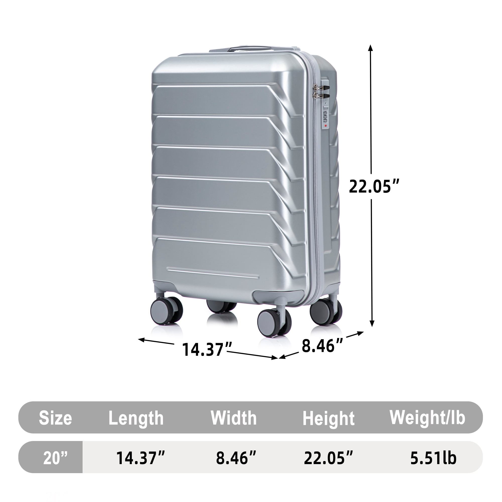 20 Inch ABS Hard Shell Carry-On Luggage, Airline Approved, Scratch Resistant, 4 Spinner Wheels, Built-in Combination Lock, Lightweight Waterproof Suitcase (Silver)