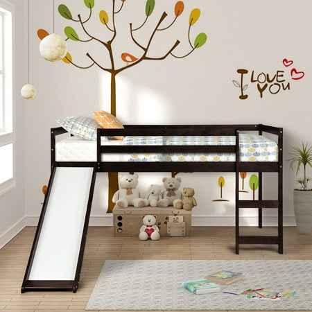 Topcobe Loft Bed for Kids, Environment Friendly Wood Bed for Children/ Junior/ Boys/ Girls, Espresso High Sleeper Bed Frame, Loft Bed with Slide and
