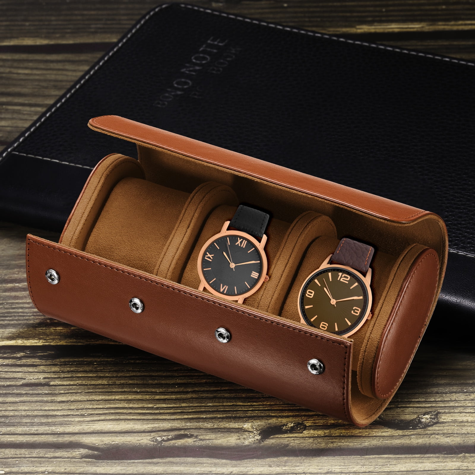 Unique Bargains Leather Watch Case Roll Storage Box Organizer 8.1"x 3.9"x2.8"