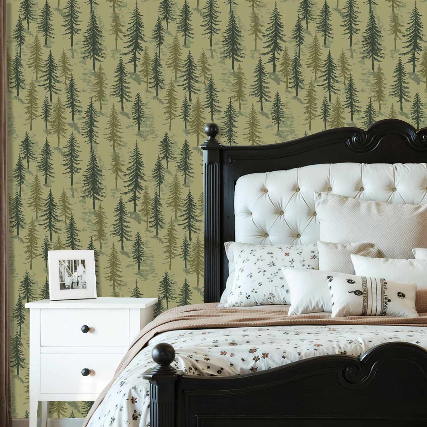 Peel and Stick Wallpaper Seamless Pine Tree Forest Green Tones Wall Mural 23.6in x 9.8ft Self Adhesive Removable Wall Paper Renter Friendly Wallpaper for Nursery Bedroom Cabin Decor