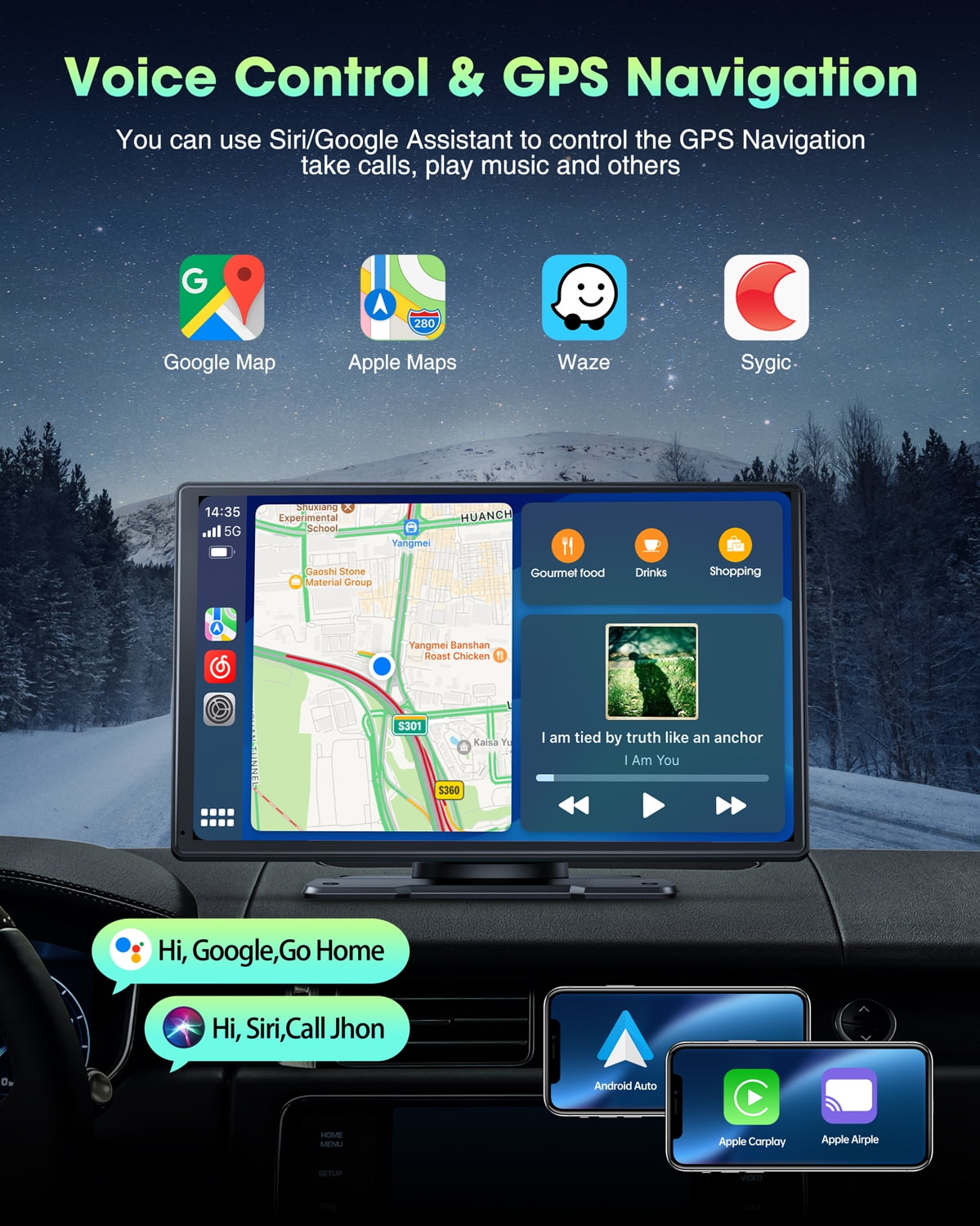 Lamtto Carplay Screen for Car,9-inch Portable Car Stereo Touchscreen with Apple CarPlay and Android Auto with Voice Control,GPS Navigation for All Vehicles