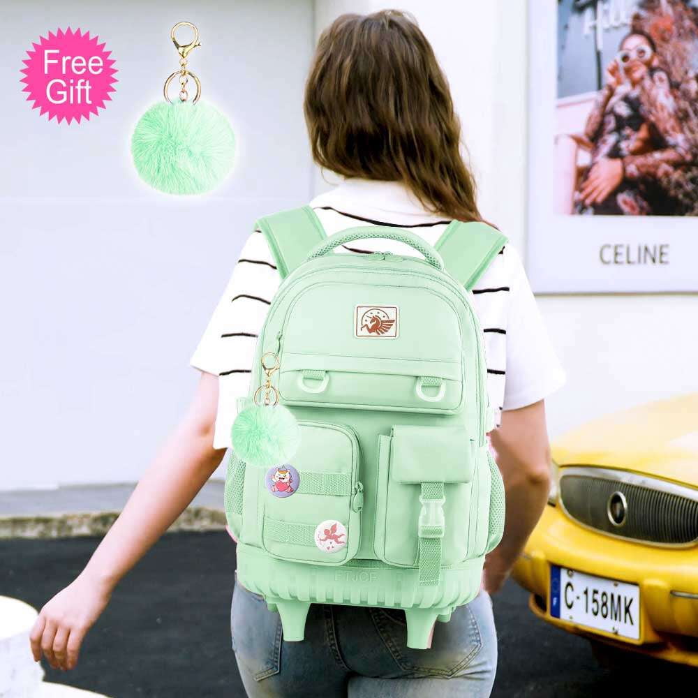 AGSDON Rolling Backpack for Girls Women, 21 inch Roller Wheels School Bookbag, Wheeled Suitcase Backpacks with Lunch Bag for Teen - Green