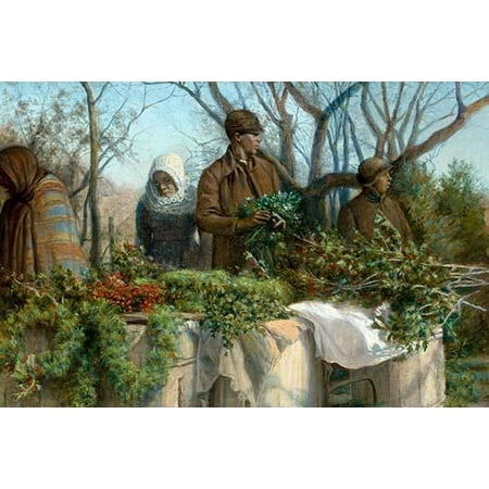 Christmas Market Stalls - An open air market stall selling Christmas greens - wreaths and trees Poster Print by EH Miller