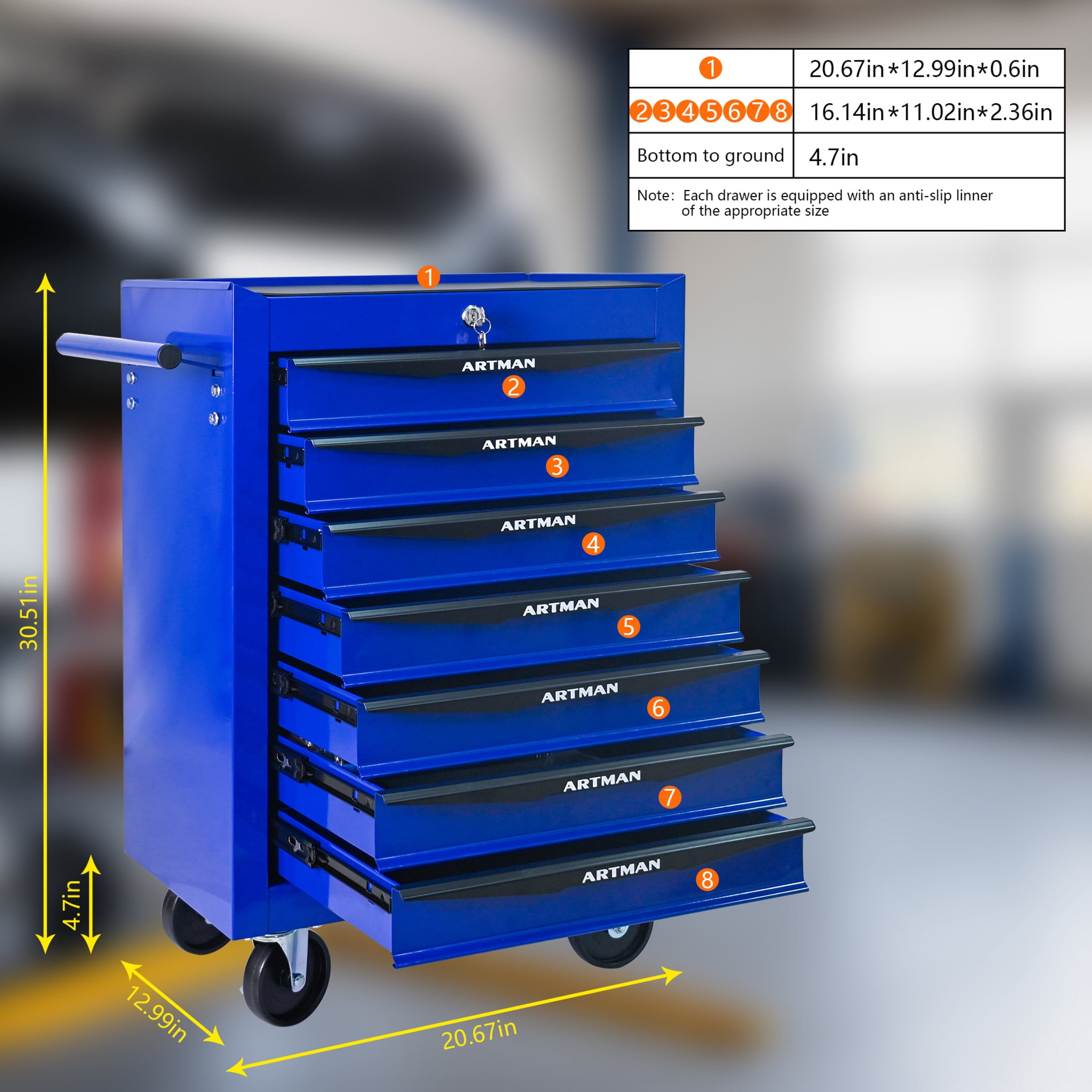 Noble House 7-Drawer Mobile Steel Tool Organizer with Key Lock, Ball Bearing Slide Storage Cabinet Box, Blue