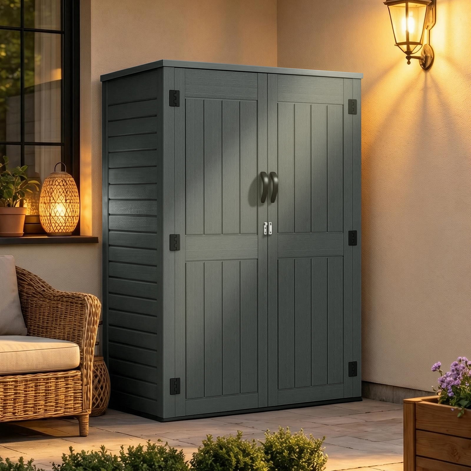 ZYJOYY 60 Cu.Ft Outdoor Resin Storage Shed with Floor & Double Doors, Lockable Waterproof All-Weather Garden Tool Shed for Patio & Backyard, Dark Gray