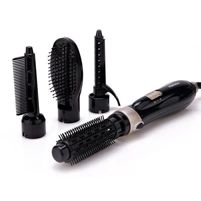 cepillo secador de pelo, cepillo de aire caliente 4 en 1, juego con mango negro y acento plateado; vista del set con cabezal redondo con cerdas, cepillo ovalado con púas, peine desmontable y accesorio rizador automático, piezas reemplazables sobre fondo blanco, adecuado para peinar, dar volumen y rizar cabello.