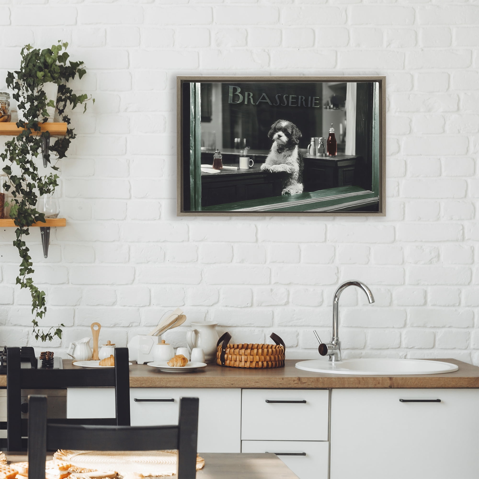 Stupell Industries Brasserie Vintage Dog in Window Brown Framed Floater Canvas Wall Art, design by Annabelle Hall