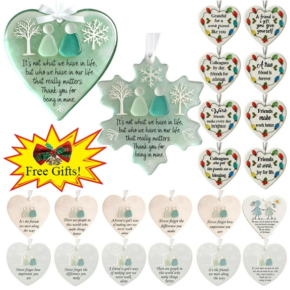 Boovnll Heart-Shaped Sea Glass Friendship Decor Christmas Ornaments, Shatterproof Timeless Friendship Heart Keepsake Gifts Christmas Tree Decorations for Holiday Xmas Tree Party Decorations