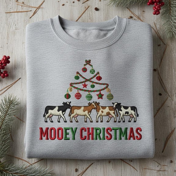 Mooey Christmas Embroidered Sweatshirt, Funny Cow Christmas Sweater, Holiday Farm Animal Crewneck, Cattle Lover Gift