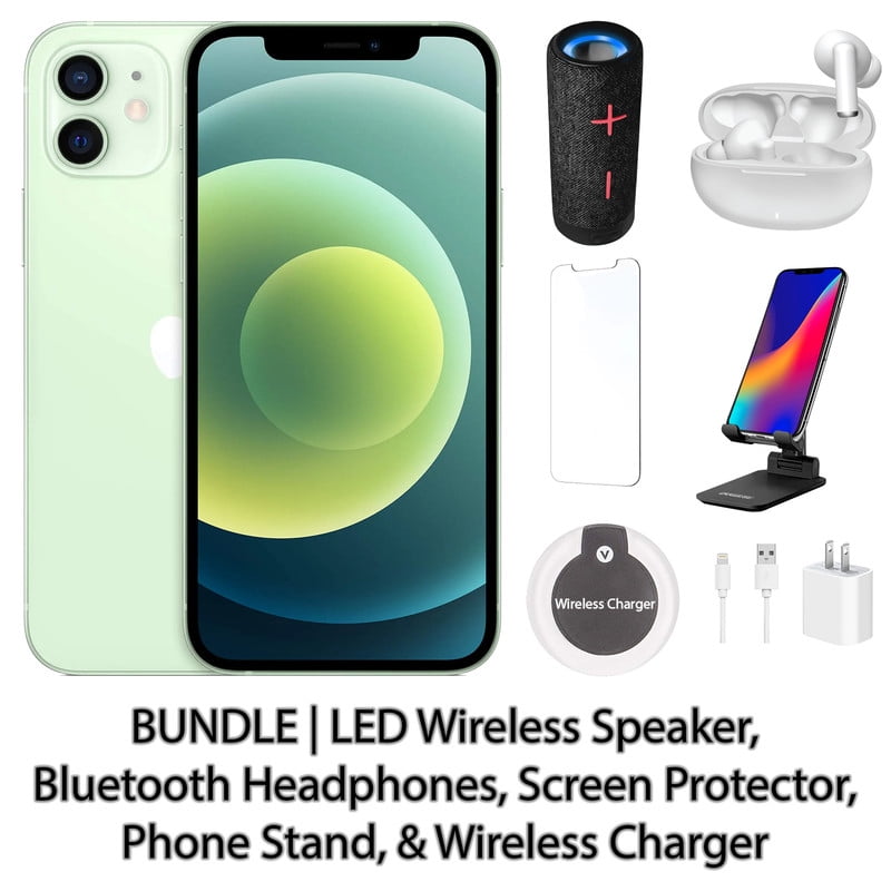 Restored Apple iPhone 12 128GB Green Fully Unlocked Bundle: LED Wireless Speaker, Bluetooth Headphones, Screen Protector, Wireless Charger, & Phone Stand (Refurbished)