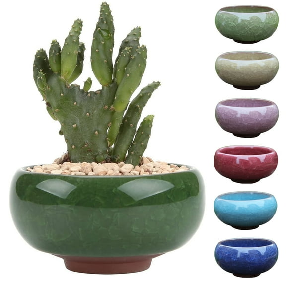 Mightlink Small Ceramic Succulent Planter Pot with Drainage Hole, Ice Crack Glaze Porcelain Handicraft Plant Container Gift for Home Office Desk Decoration - Random Color, 5PCS