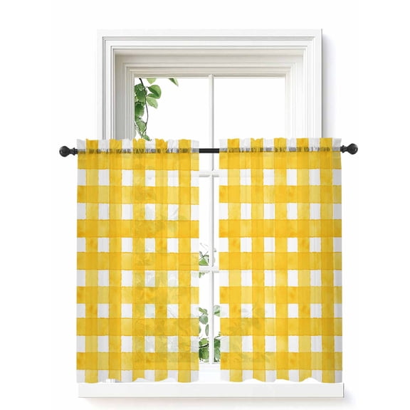 Yellow Plaid Curtains 54 Inch Length,Sheer Curtains for Bedroom Living Room Window Watercolor Grid Checker Gingham Farmhouse Rod Pocket Drapes Kitchen Curtains Small Half Window 42"x54" 2 Panels