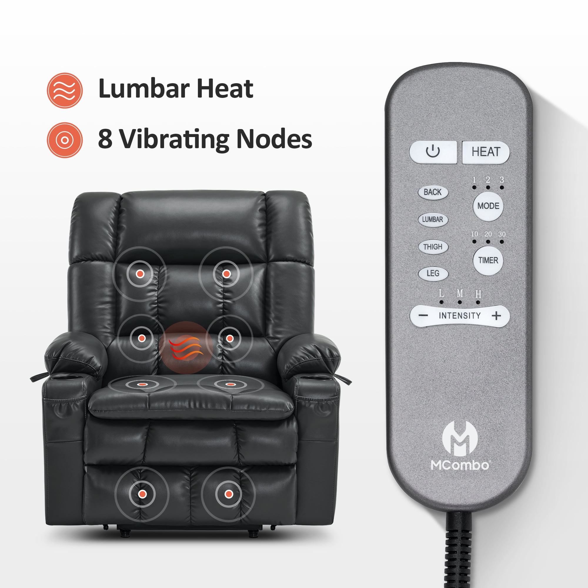 MCombo Large Dual Motor Power Lift Recliner Chair Sofa with Massage and Heat for Big Elderly People, Infinite Position, USB Ports, Faux Leather R7891 (Black, Large-Wide)