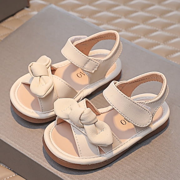 XIMIN Girls Open Toe Summer Sandals with Bow Cute Casual Non Slip Adjustable Ankle Strap Footwear for Beach Parties Everyday Wear (White, 5-6 Years)