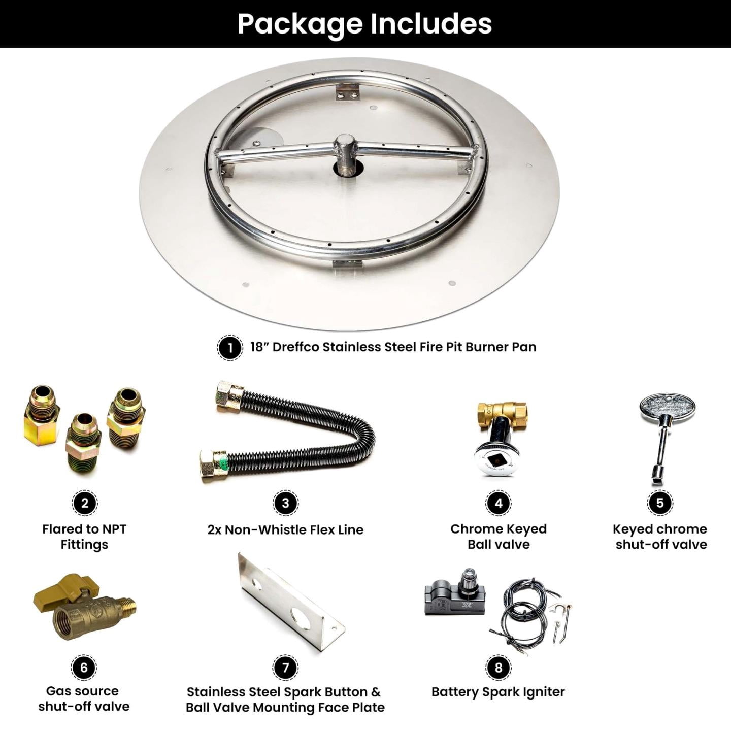 Dreffco Stainless Steel Fire Pit Burner Pan & Ring Deluxe Kit for Natural Gas, 18-Inch Pan, 12-Inch Ring, 90,000 BTU Max