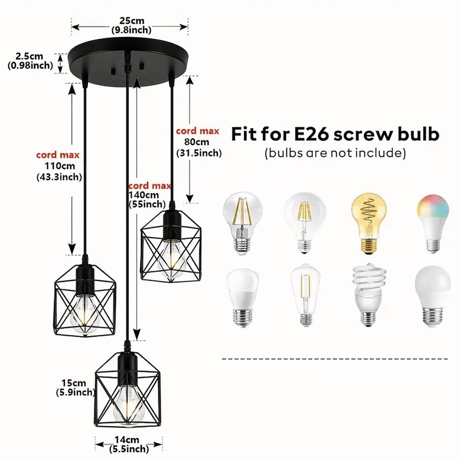 3-Light Pendant Light Fixtures, Farmhouse Kitchen Island Light Fixture, Industrial Hanging Pendant Lighting for Dining Room Bedroom, Black Metal Cage Pendant, E26 Base, Bulbs Not Included
