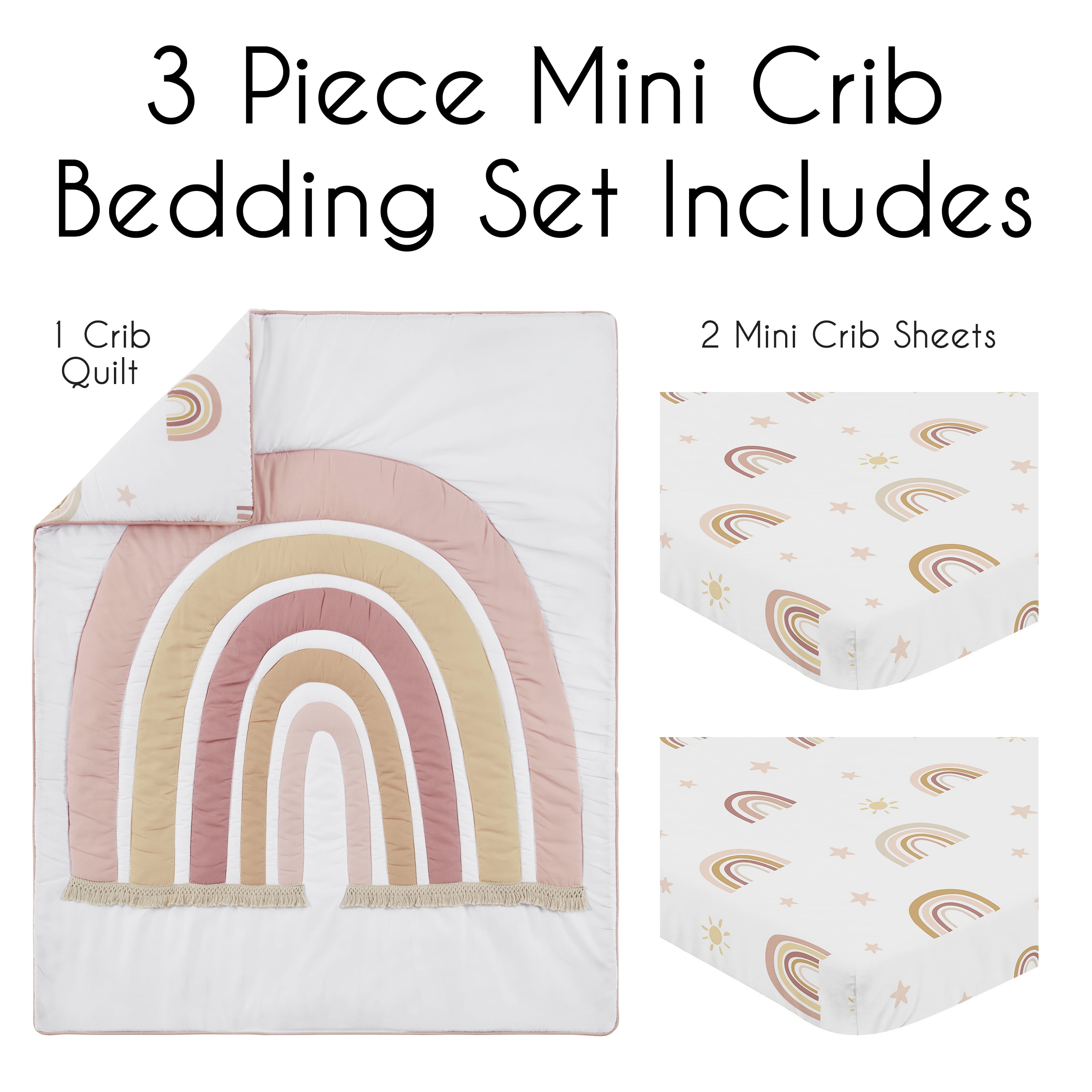Sweet Jojo Designs Boho Rainbow Pink Beige and Taupe 3 Piece Mini Crib Bedding Set