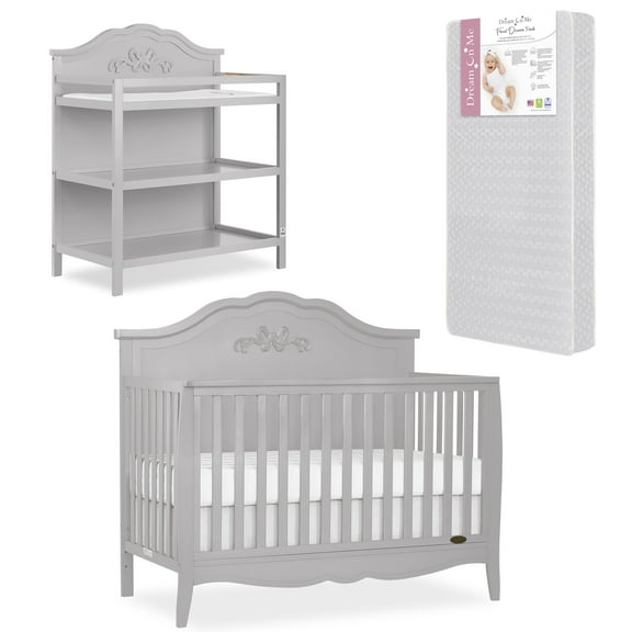 Slumber Baby Nursery Essentials Bundle Jasmine 4 in 1 Convertible Crib, Slumber Baby Jasmine Changing Table, with a Dream On Me Honeycomb Orthopedic Firm Fiber Standard Crib Mattress In Platinum