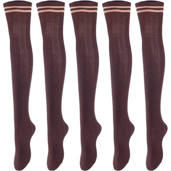 Lovely Annie Women's 5 Pairs Incredible Durable Super Soft Unique Over Knee High Thigh High Cotton Socks Size 6-9 A1023(Coffee)