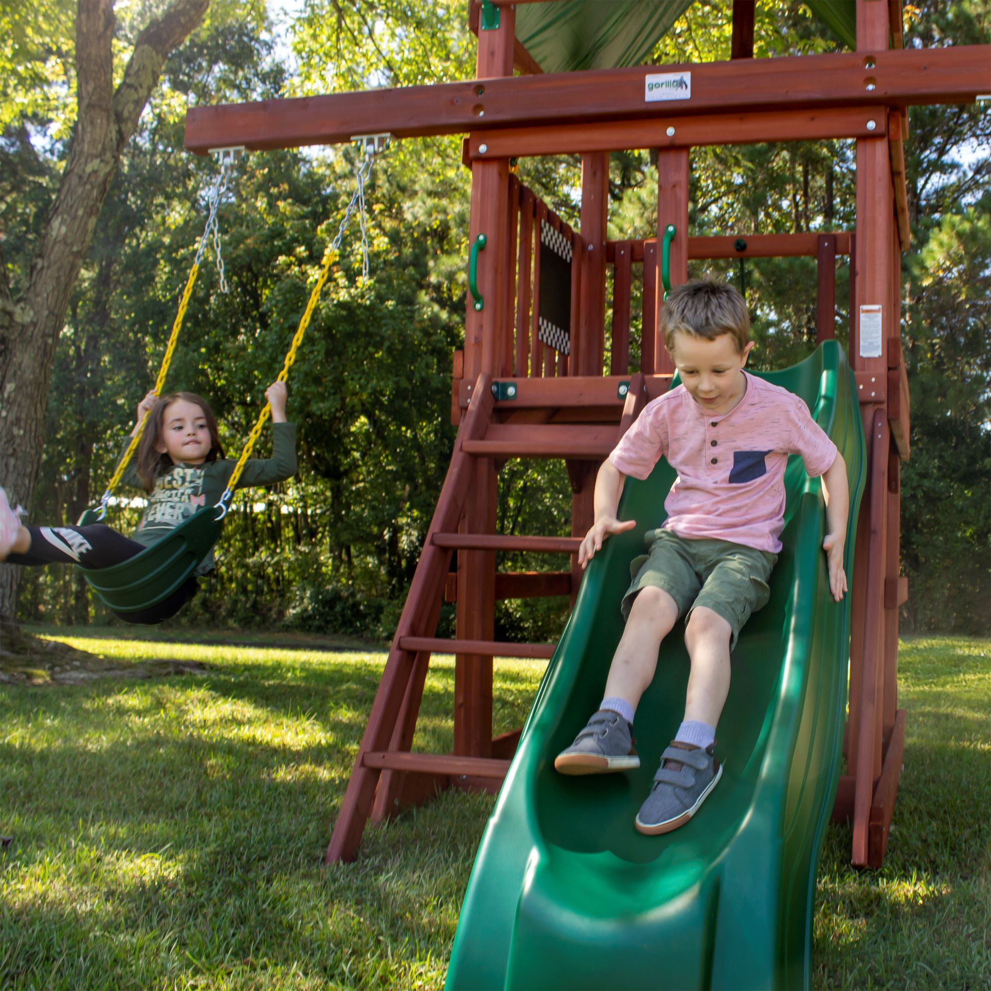 Gorilla Playsets 01-1102 Five Star II Space Saver Wooden Play Tower with Slide, Swings, Climbing Wall, and Tarp Roof