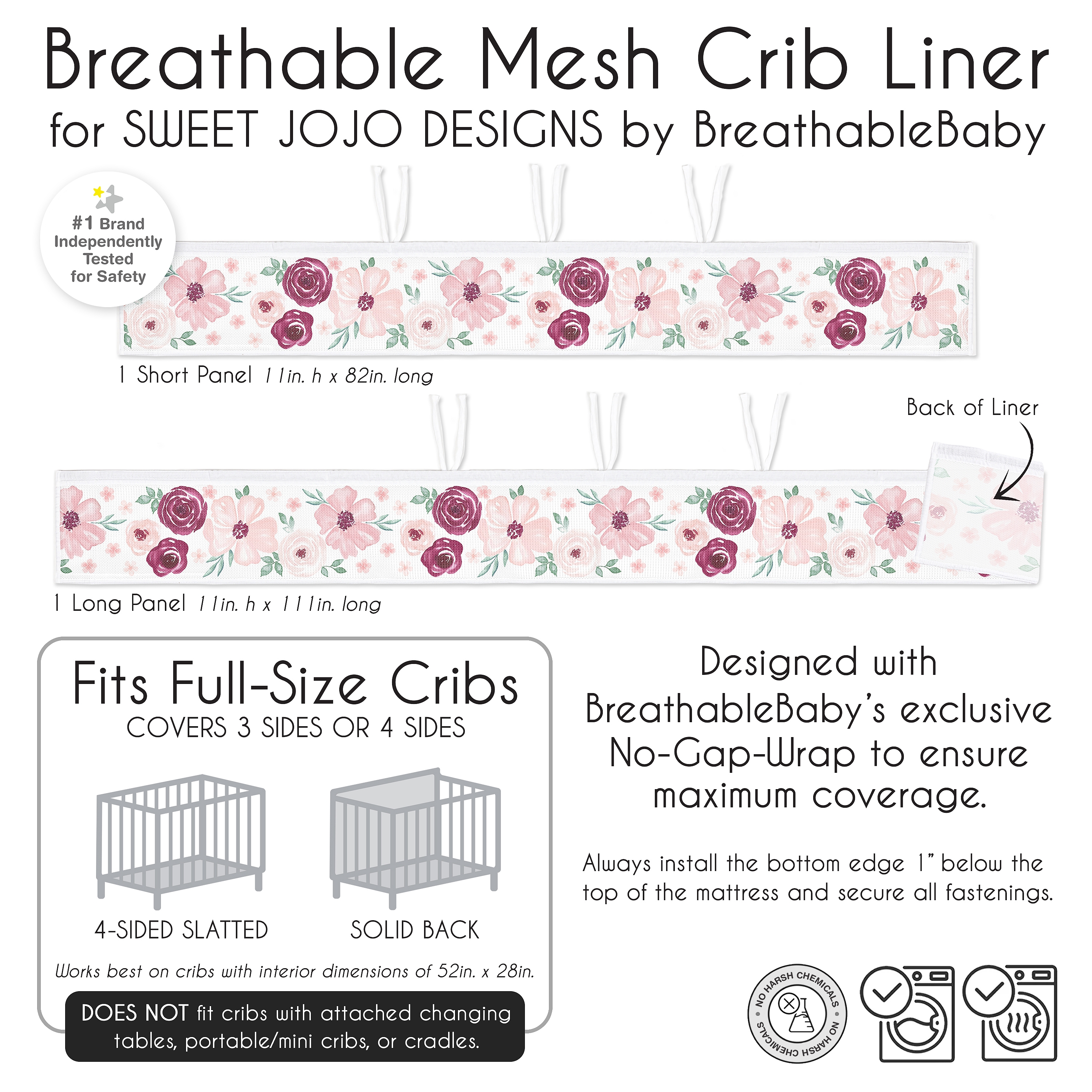 Sweet Jojo Designs + BreathableBaby Watercolor Floral Burgundy Wine and Pink Girl Breathable Mesh Crib Liner
