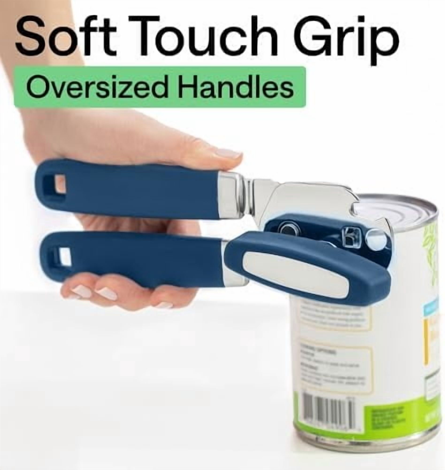 Heavy Duty Stainless Steel Smooth Edge Manual Can Opener and Bottle Openers, Soft Comfortable Handle, Oversized Handheld Turn Knob, US Designed Multifunctional Kitchen Tool, Blue
