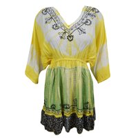 Mogul Womens Tie Dye Dress Floral Embroidered Yellow Rayon Summer Cover Up