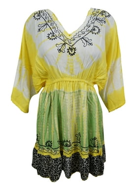 Mogul Womens Tie Dye Dress Floral Embroidered Yellow Rayon Summer Cover Up
