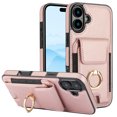 thumbnail image 2 of Premium PU Leather for iPhone 16 Card Slots Wallet Back Case, Classic with Ring Kickstand Magnetic Button Stylish Drop Protection Phone Case Cover for iPhone 16, Rosegold, 2 of 9