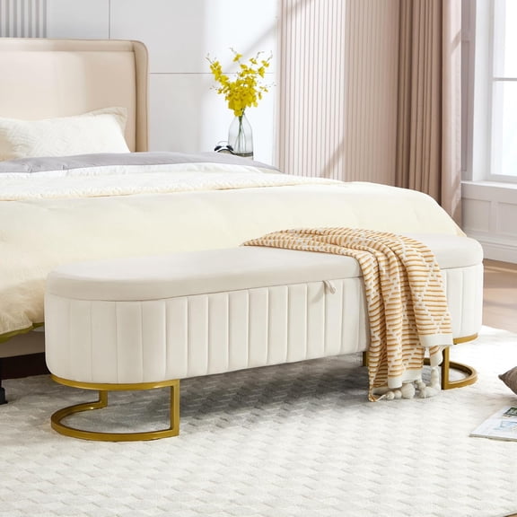 Velvet Storage Ottoman Bench, 63" King Size End of Bed Bench with Golden Metal Legs, Upholstered Storage Bench for Bedroom, Living Room, Entryway, Window, Beige