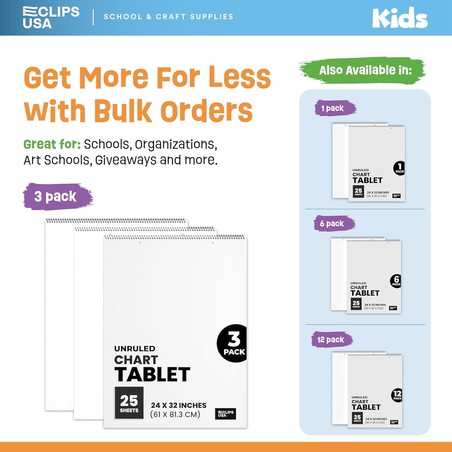E-CLIPS USA Unuled Anchor Chart Paper 25-Sheet Large Writing Pad, 24” x 32”, Pack of 3