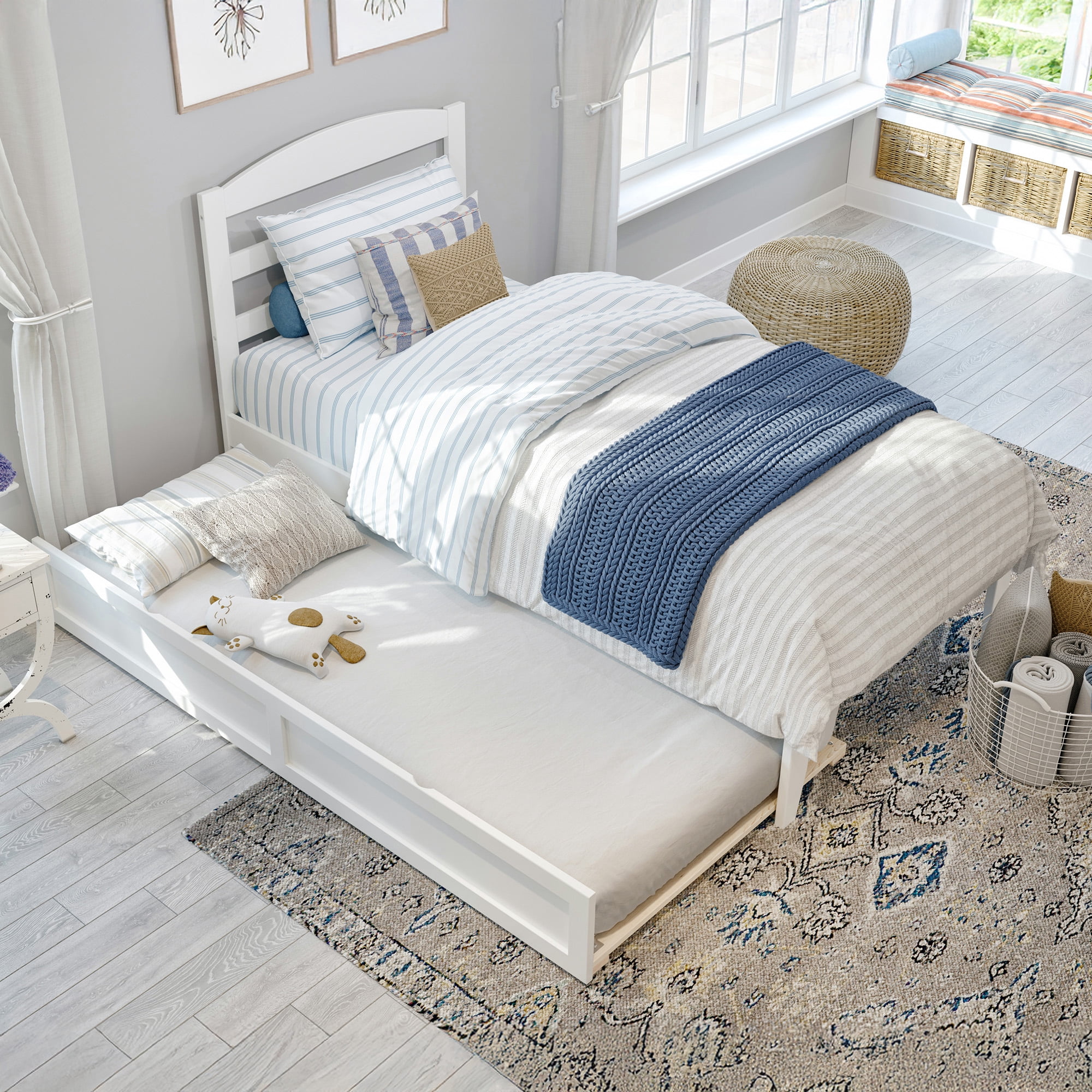 AFI Warren 14" Twin XL Wood Platform Bed Frame with Twin XL Trundle, White
