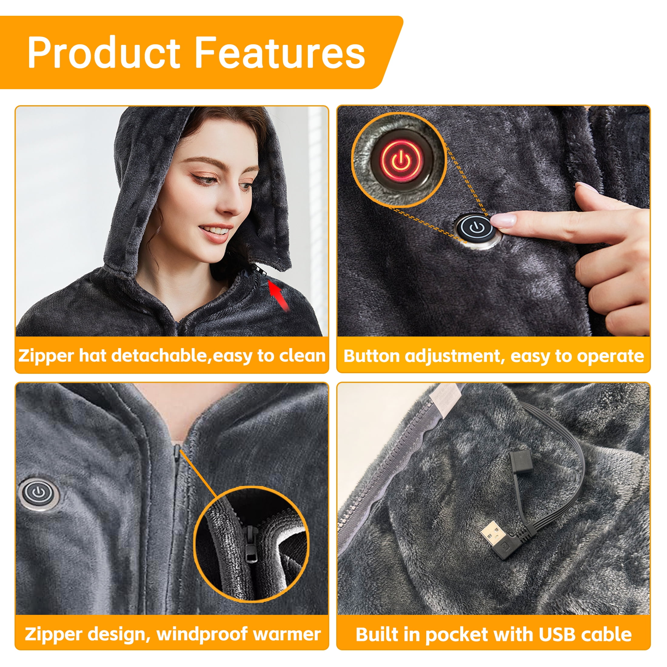 Hyindoor 59"x33" Electric Heated Blanket Portable USB Washable Heating Shawl with Hat Zipper for Indoor Outdoor (Dark Grey)