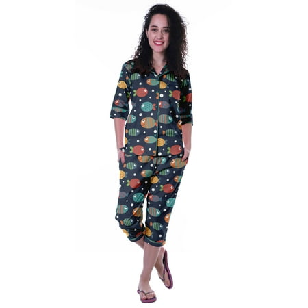 

Moomaya Printed Cotton 3/4 Sleeve Shirt With Capri 2 Piece Nightwear Set Sleepwear For Womens