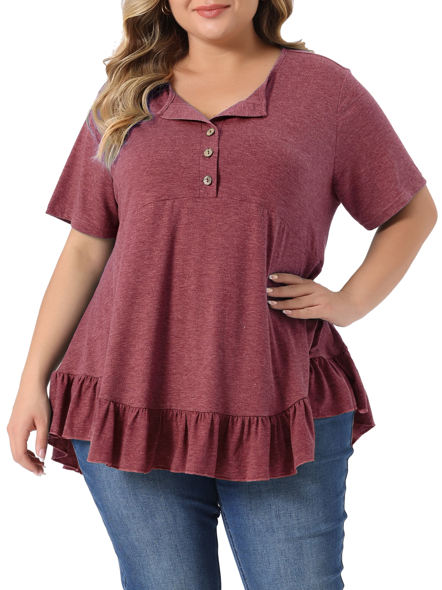 DARING DIVA Women's Plus T Shirts Henley V Neck Button Up  Ruffled Blouses Tops L Burgundy
