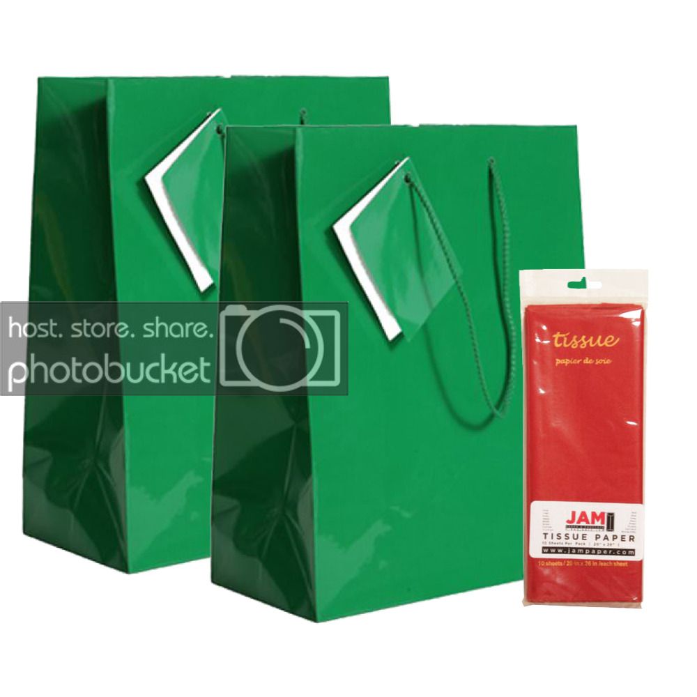 JAM Gift Bag Assortment, 2 Green Bags & Red Tissue Paper, 3/Pack