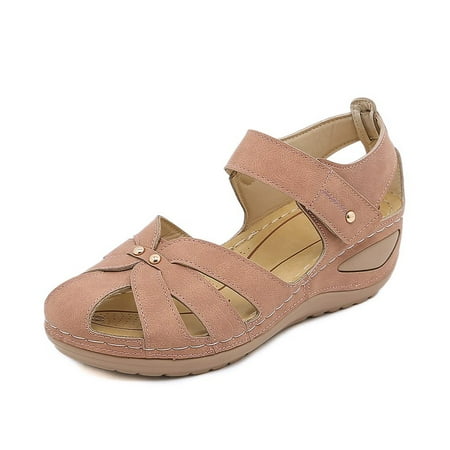 

Womens Clearance Sandals Women s Ladies Girls Comfortable Ankle Hollow Round Toe Sandals Soft Retro Lightweight Non-Slip Beach Platform Shoes Pink 10