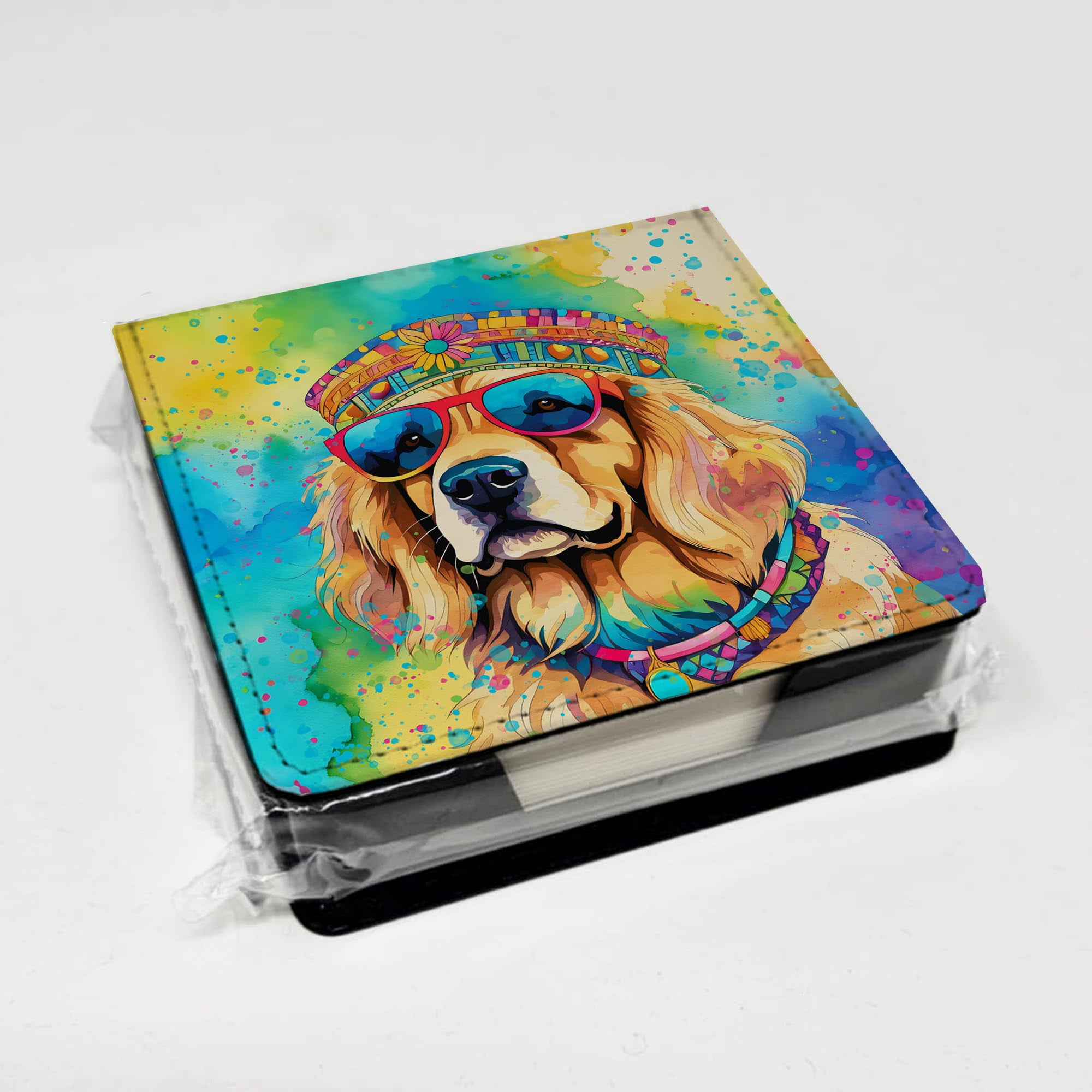 Caroline's Treasures Golden Retriever Hippie Dawg PU Leather Note Paper Holder with Artist-Designed Cover, Desk Accessory, Office Gift