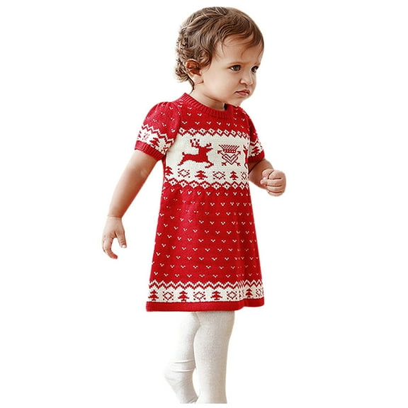 Generic Girls Warm Clothes Toddler Kids Baby Girl Christmas Xmas Deer Knitted Crochet Princess Party Dress short Sleeve Knit Ruffle Christmas Dresses Outfit Solid Tops Fall Winter Clothes