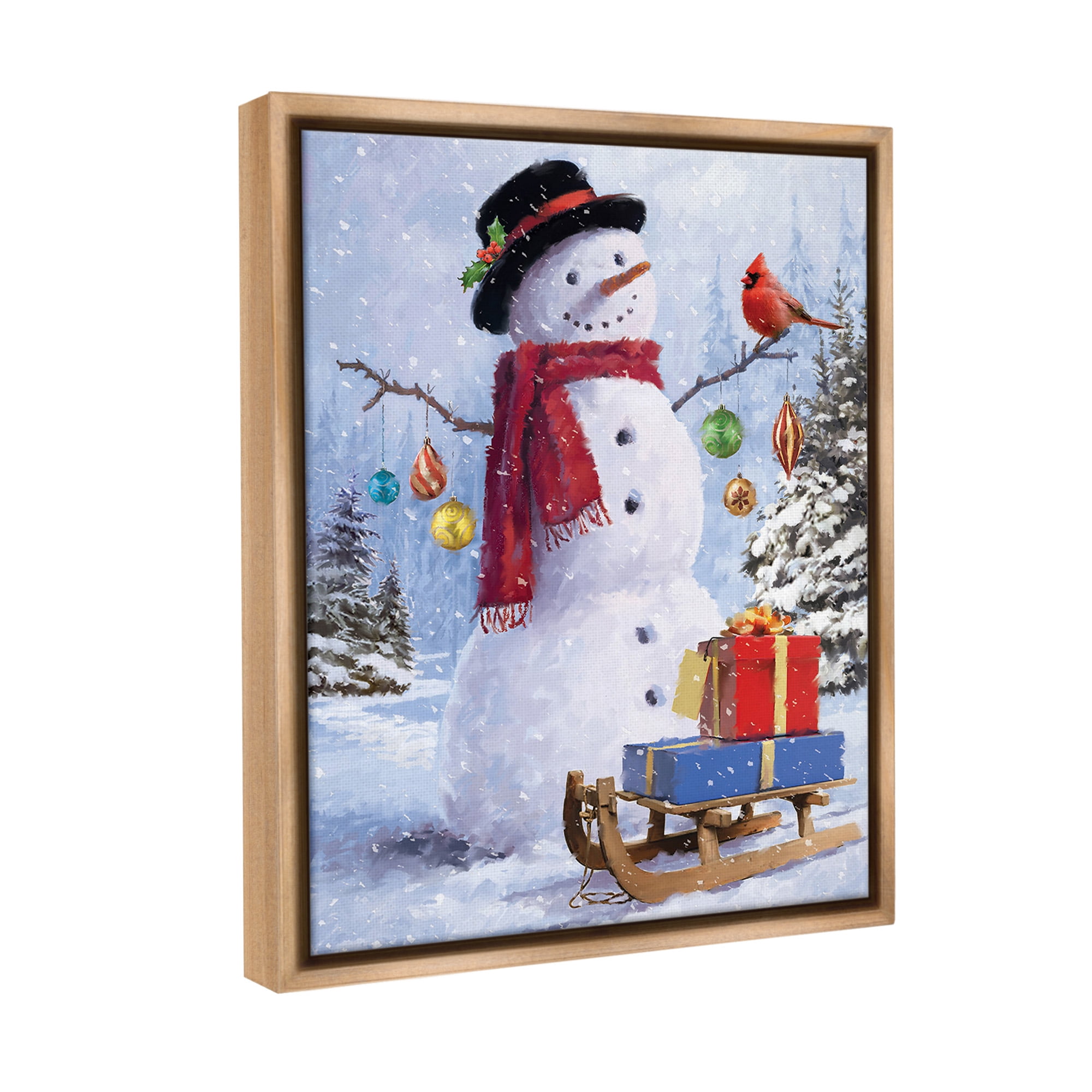Stupell Industries Snowman with Gift Sled Landscape Painting Brown Floater Framed Canvas Art Print Wall Art, 25 x 31