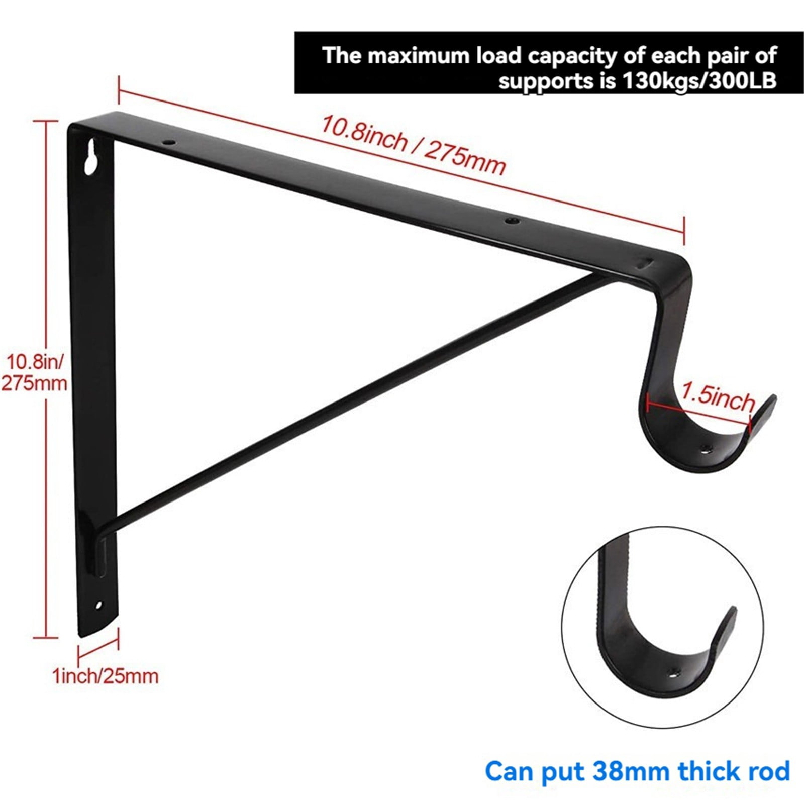 Closet Shelf and Rod Brackets, Heavy Duty Wall Mounted Closet Shelves Bracket with Rod Shelving Support, Black Closet Pole Holder Bracket with Screws, Set of 4, 10.8x10.8"