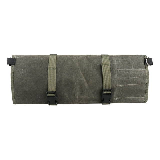 Roll Bag Chef Knife Bag Kitchen Storage Bags Portable Knife Holder Multifunction Knife Carrying Bag Chef Tool Organizer. Made of heavy-duty, waterproof waxed canvas in green, featuring 4 slots for securely storing and transporting knives such as chef's knives, meat cleavers, and sushi knives. Includes two strong zippers and adjustable straps for easy folding and secure closure. Designed for professional chefs, culinary students, and home cooks, suitable for travel, camping, or barbequing.