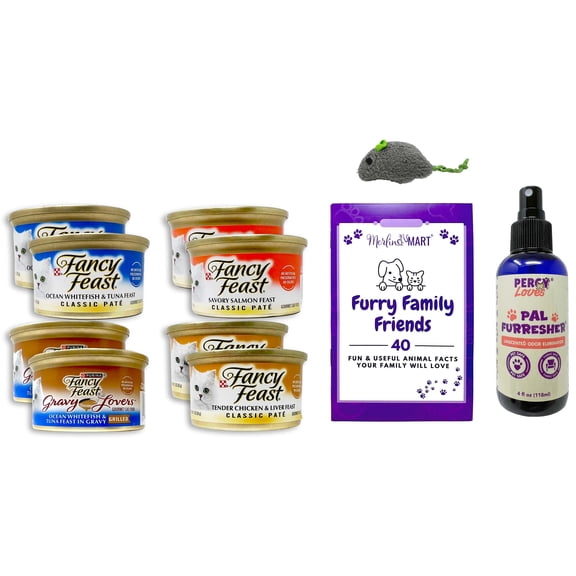 Fancy Feast 4 Flavor Variety Pack; 2 Each: Ocean Whitefish, Tender Chicken, Salmon, Grilled Whitefish | Percy Loves Pet Furresher, Cat Toy, MerlinsMart Zine