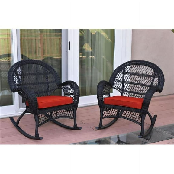 W00211-R-2-FS018 Santa Maria Black Wicker Rocker Chair with Red Cushion - Set of 2
