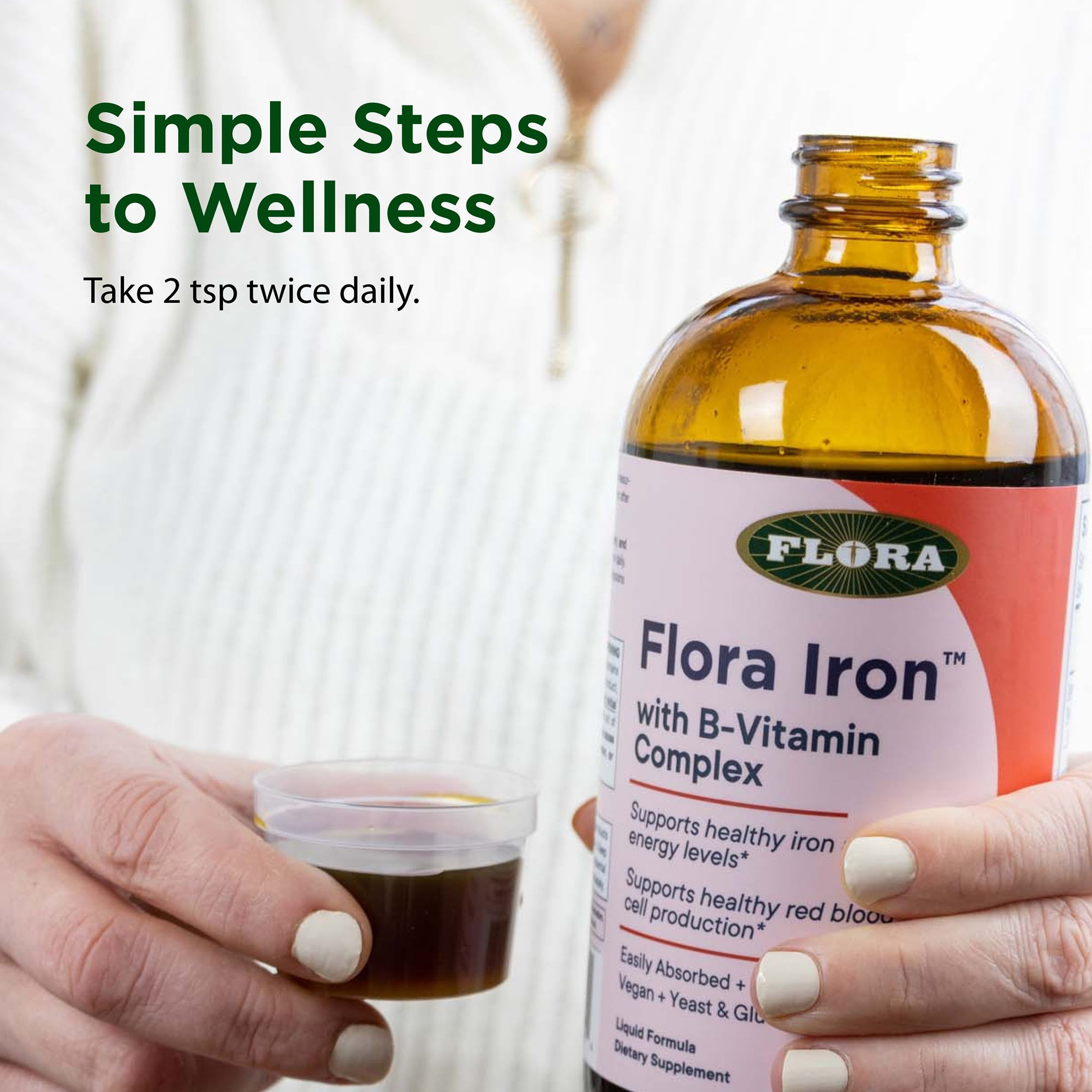 Flora Iron with B-Vitamin Complex - Non-Constipating, Highly Absorbable - Vitamin-B & Liquid Iron - Vegan Supplement - Gluten Free, 7.7-fl oz. Glass Bottle