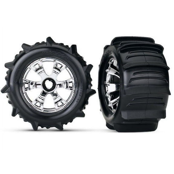 TIRES & WHEELS, ASSEMBLED, GLUED (GEODE CHROME WHEELS, PADDLE TIRES, FOAM INSERTS) (2) (USE WITH 17MM SPLINED WHEEL HUBS & NUTS, PART #5353X) (TSM RATED) (TSM rated)