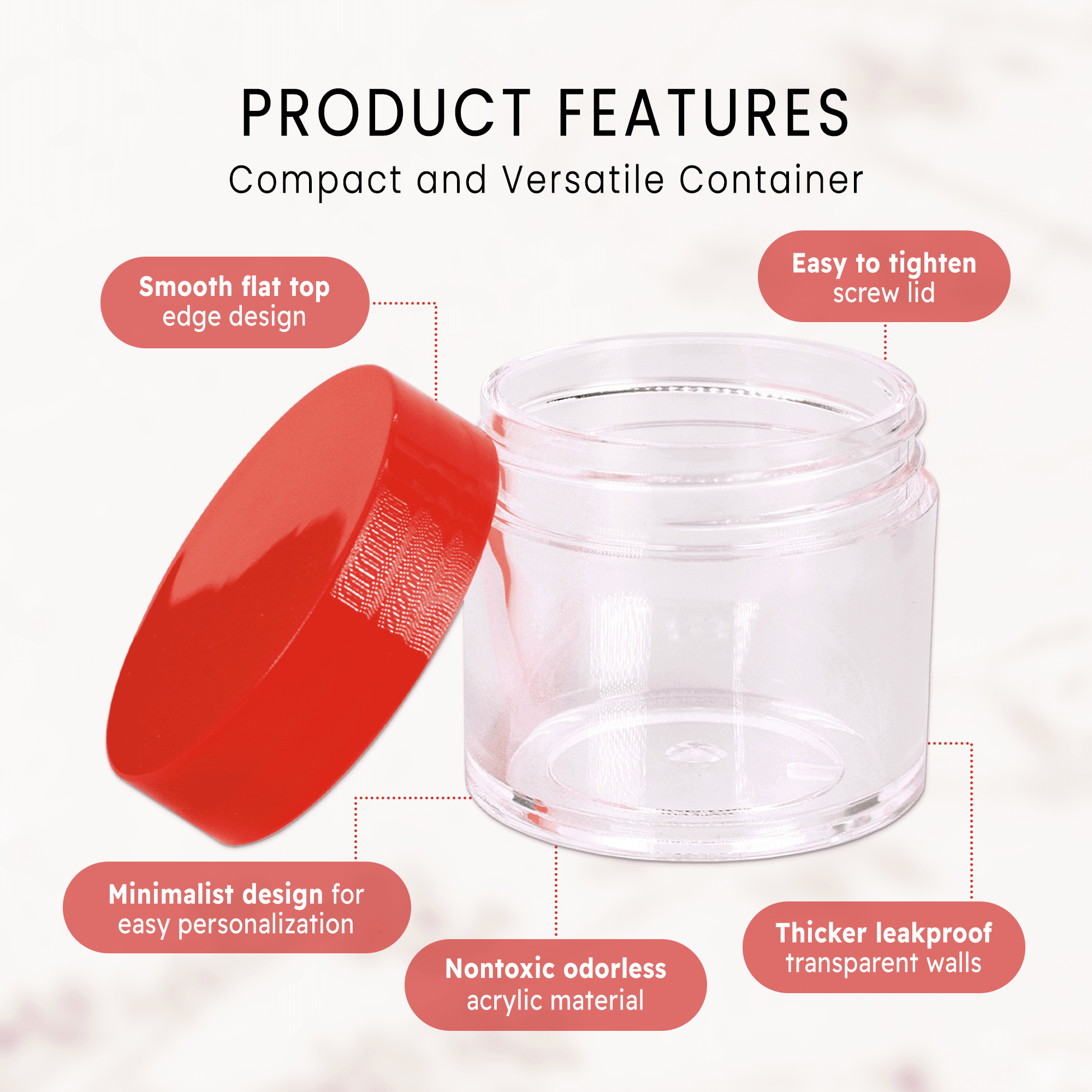Beauticom 24 Pieces High Quality 30 Gram 30 ml (1 oz) Round Acrylic Makeup Product Sample Travel Jars with Flat Red Lids