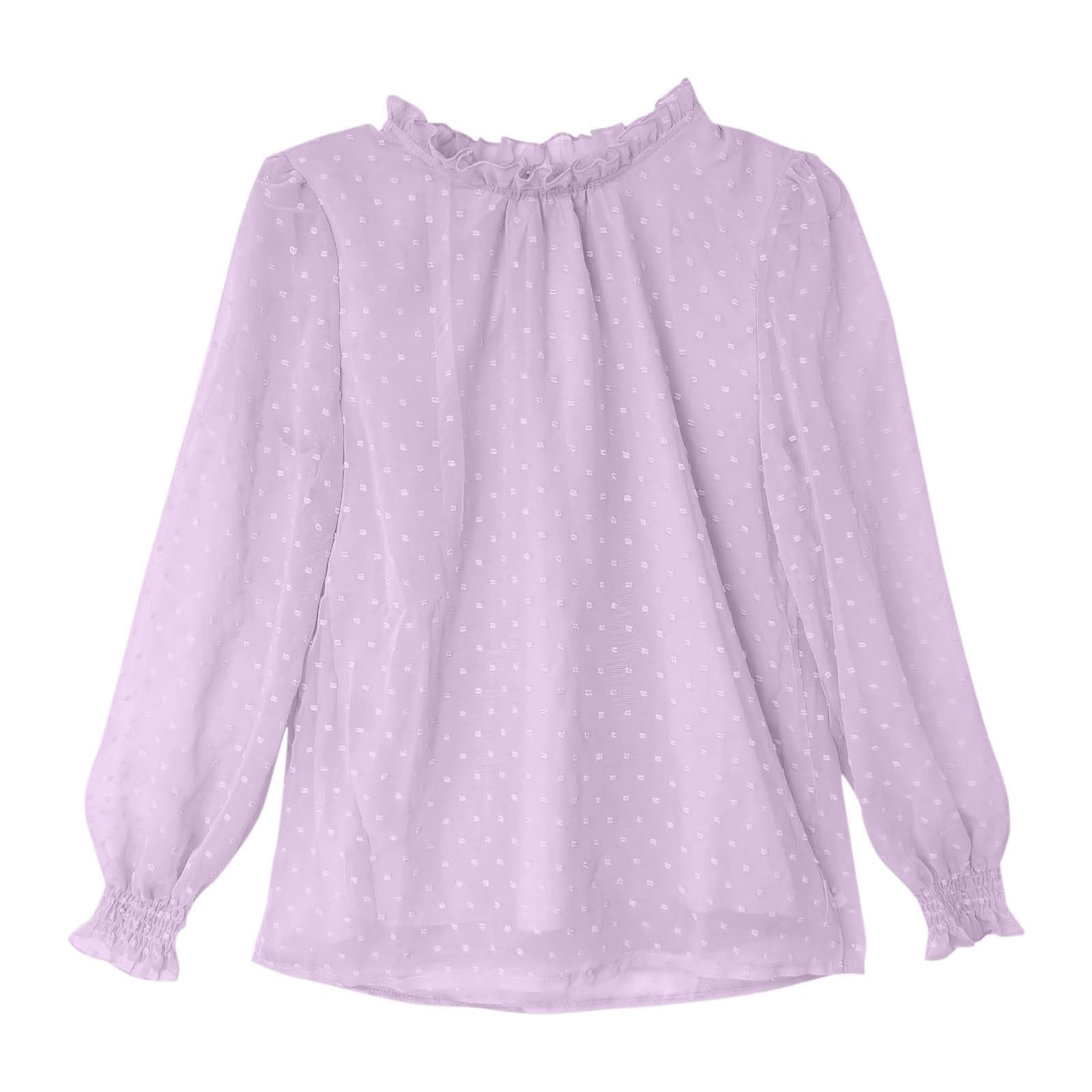 Fgnfyis Girls Tops Flocked Mesh Ruffle Blouse Shirt with Elastic Elegant Stand Collar for Toddler Kids Teenage Party Girls Long Sleeve Shirts Light Purple 11-12 Years