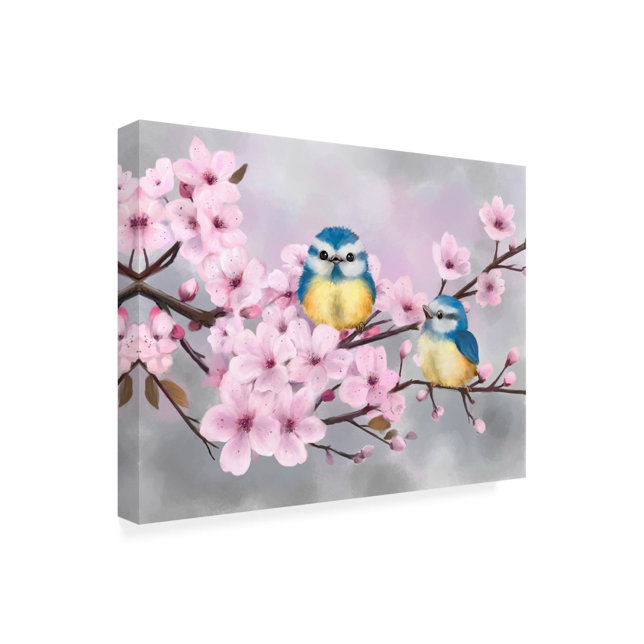 Canvas Wall Art - MAKIKO 'Spring Flowers with Little Birds' Wall Art for Living Room, Bedroom, or Office Décor by Trademark Fine Art - 32 x 24 Inches